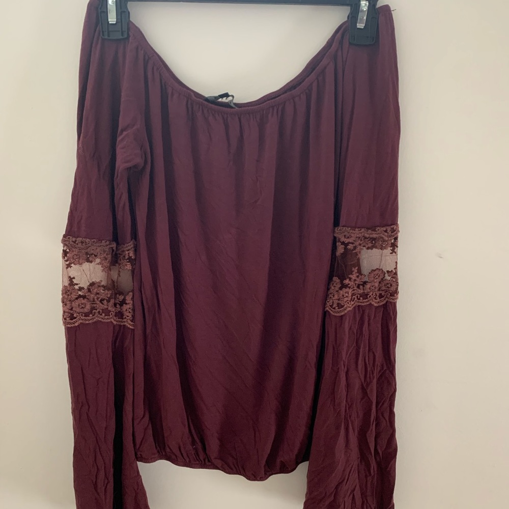 POL Burgundy Soft Elastic Off Shoulder Top Lace